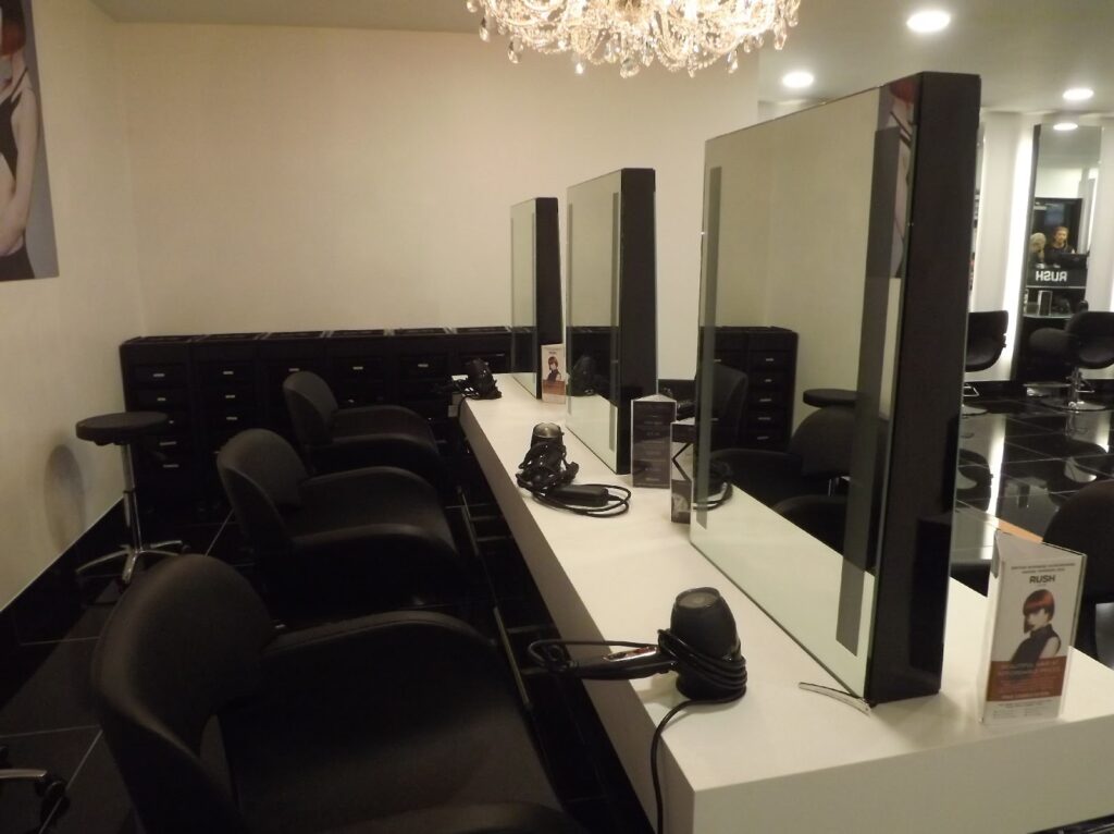 Interiors of hairdressers in York.