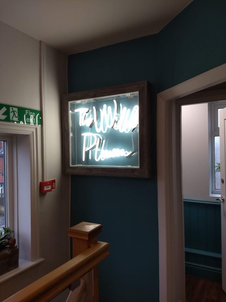 BRUNCH AT THE WILD PLUM - HARROGATE. Neon light at The While Plum.