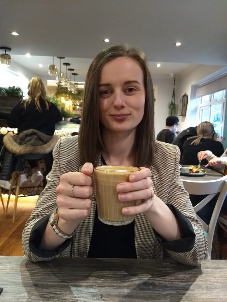 BRUNCH AT THE WILD PLUM - HARROGATE. Claire drinking latte at The Wild Plum.
