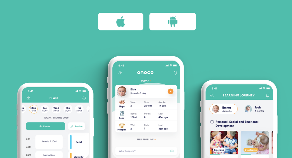 Screenshot from the Onoco website displaying three smart phones with the app.
