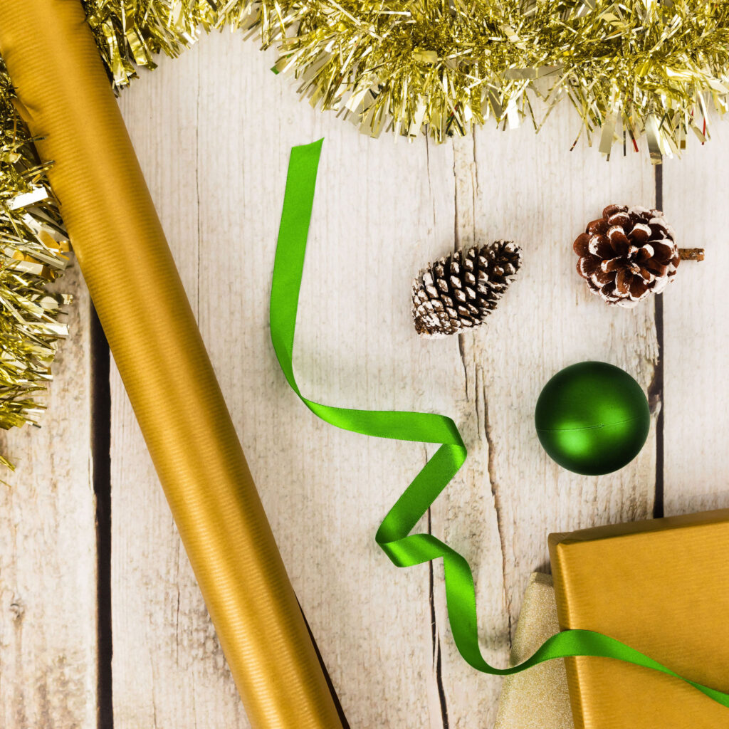 Gold and green Christmas wrapping paper.