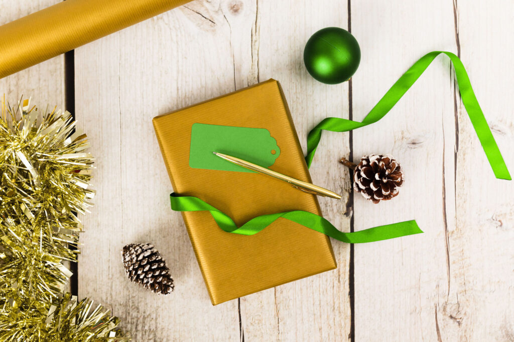 Gold and green Christmas wrap.