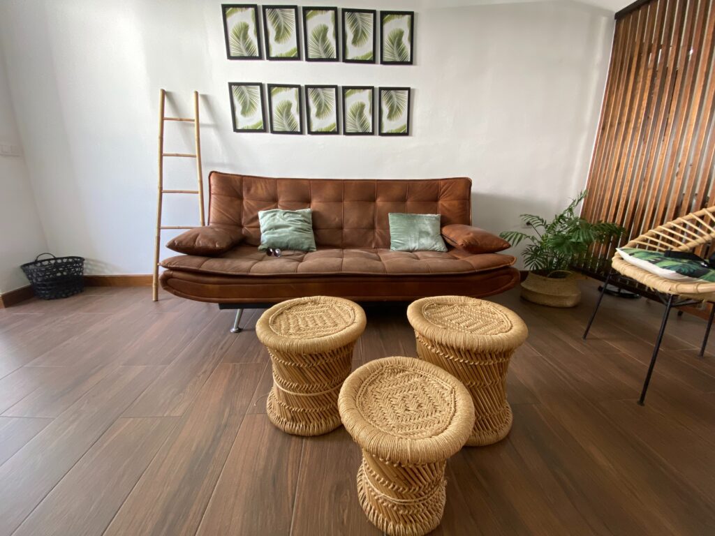 Luxury vinyl flooring in a living room scene.