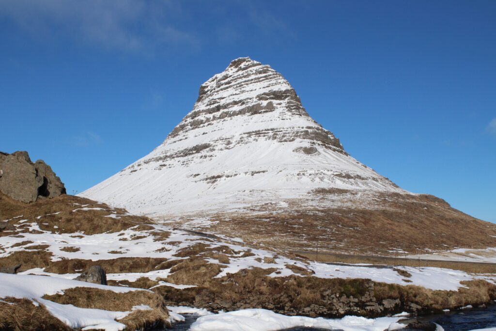Kirkjufell is part of the Snaefellsnes peninsula in Iceland.