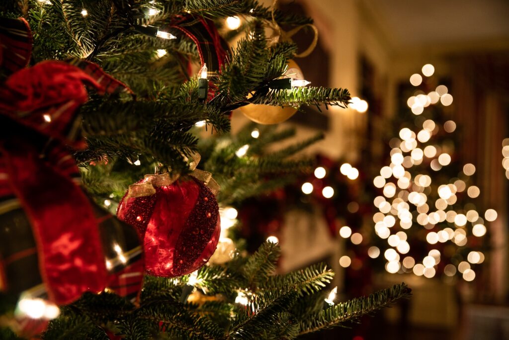 Close up of traditional Christmas decorations on a tree.