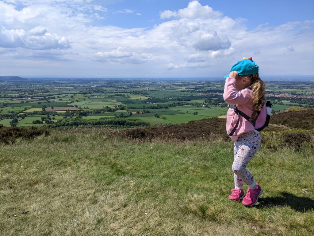 Small girl out hiking overlooking vast countryside. This is for and article which discusses the inequality of the mental load of parenting.