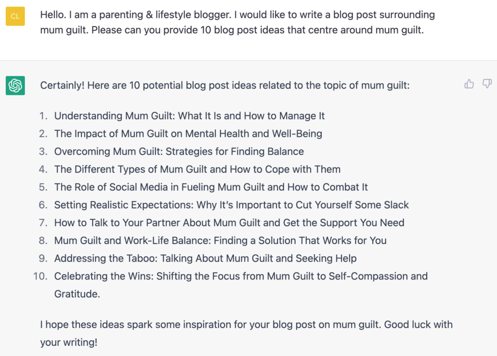 A screenshot of myself using ChatGTP for blogging.