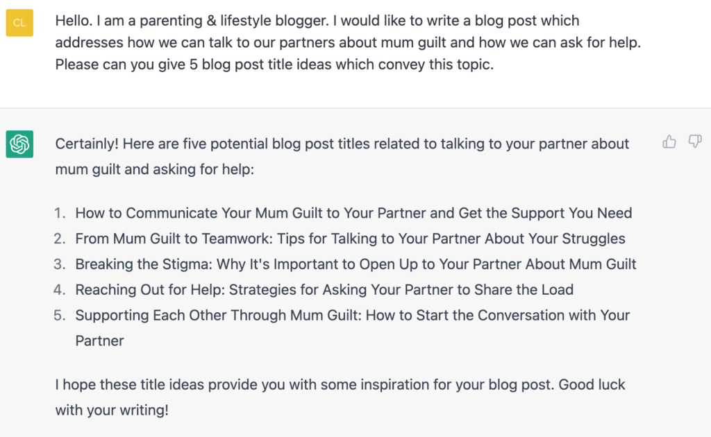 Using ChatGTP to generate blog post title ideas.