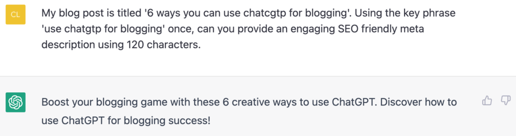 A screenshot showing how we can use AI to generate a meta description.