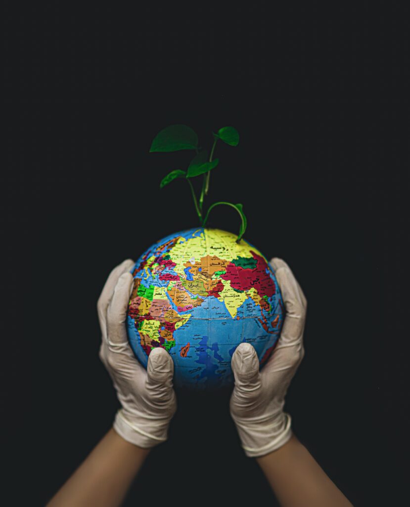 Hands holding up a model of the Earth with plant growing from the top. This is for a post honouring Earth day, giving easy sustainable swaps for families.