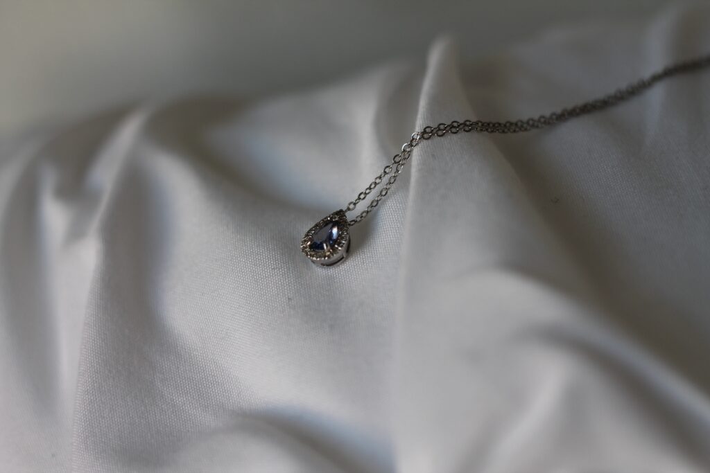 Pear shape white gold diamond necklace. This is for a blog post deciphering the best clear stones.