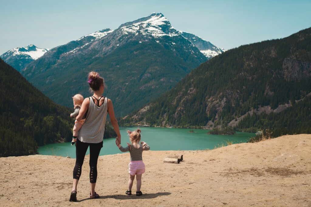 Mom with two children wearing athleisure.