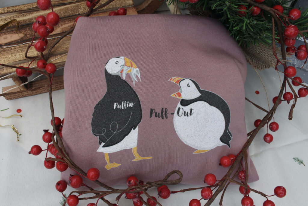 Mauve puffin hoodie.
