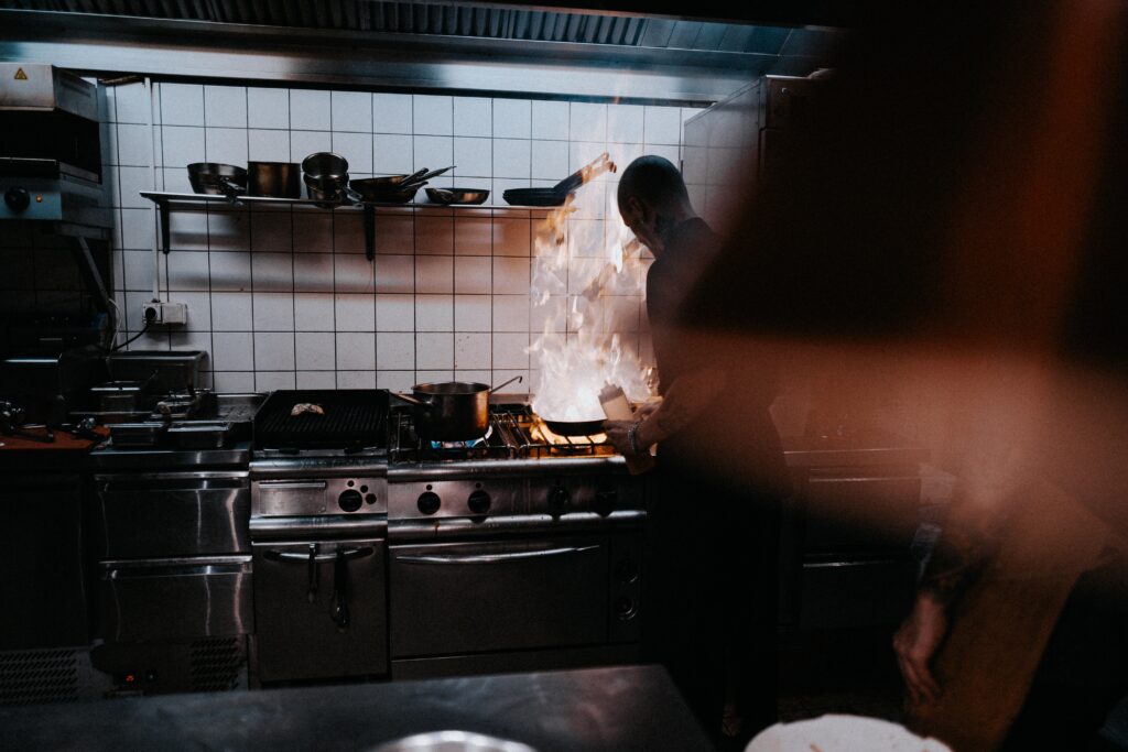 Industrial kitchen. This is to go with an article which explains how to prevent slips and trips in the catering business.