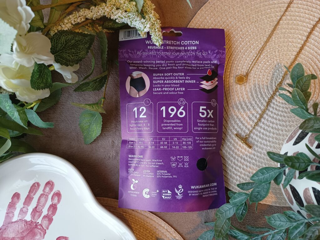 The back of the packaging of stretch seamless period pants.