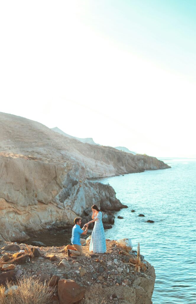 Dream proposal scene on coastline,