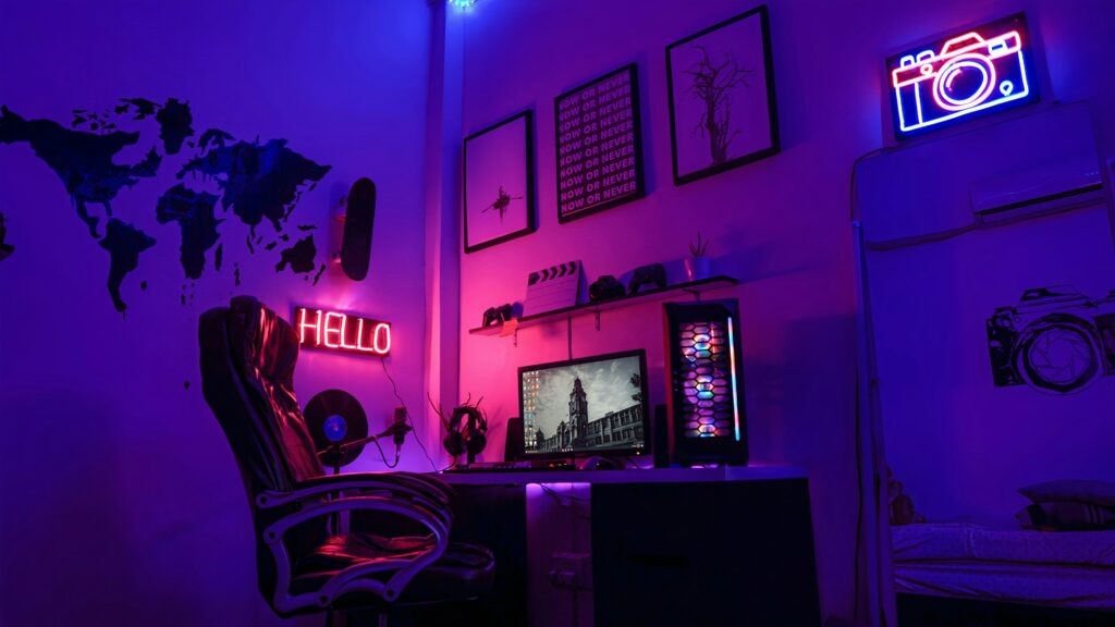 Gaming desk set up with essential gaming accessories.
