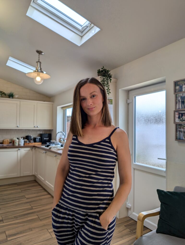 Claire Mac wearing navy bamboo PJ set from British Boxers.