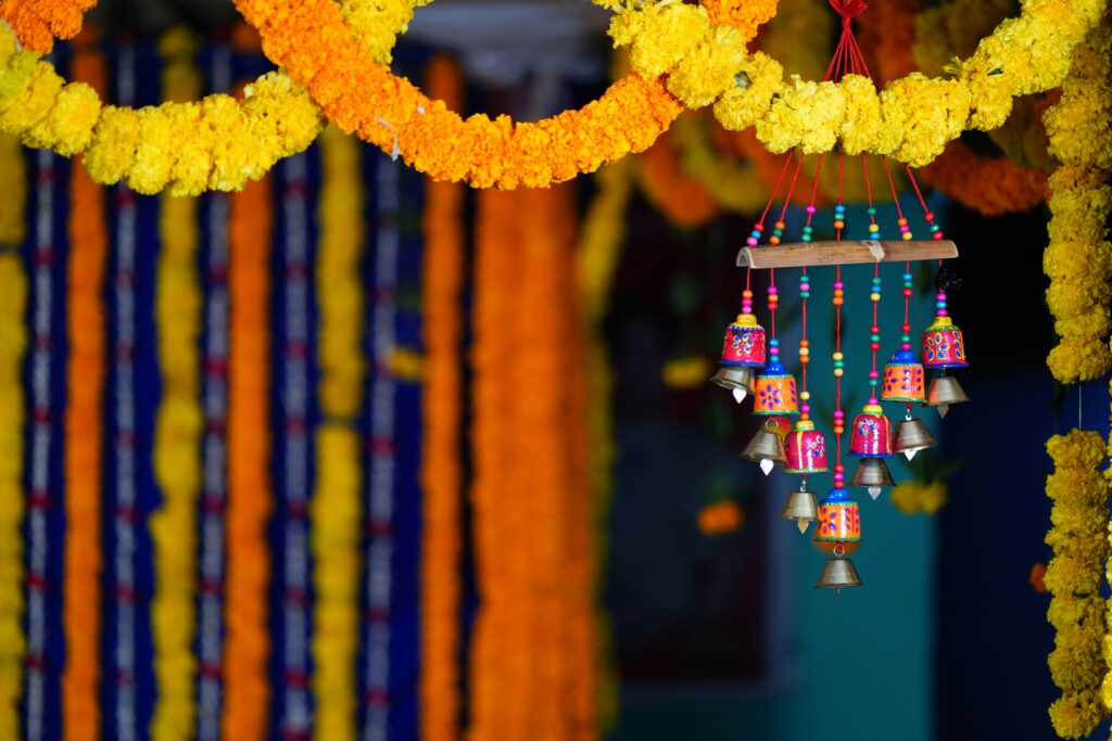 Indian bell with colourful decorations. This is to go with an article explaining everything to know about visiting India with kids.