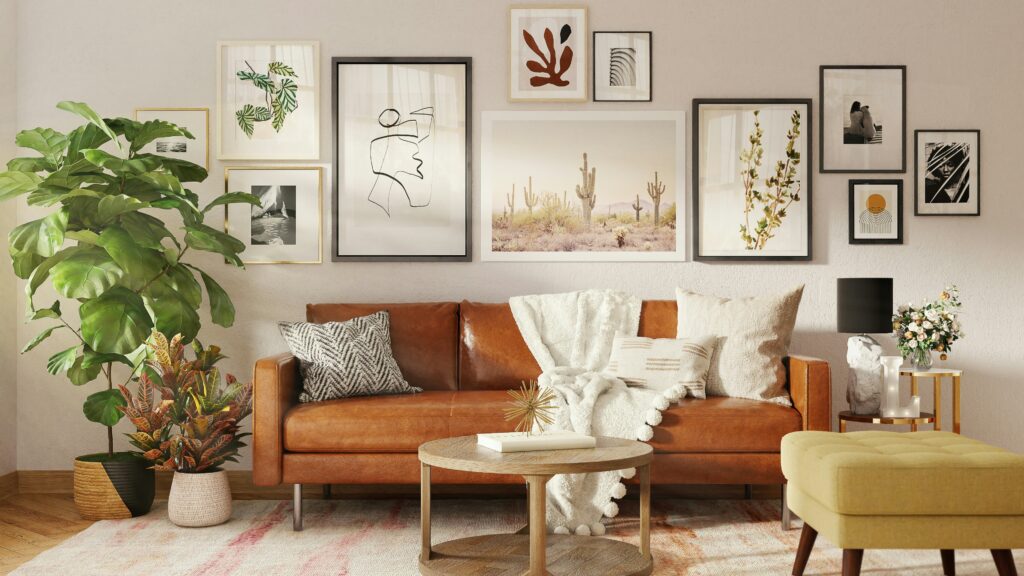 Gallery wall in a living room.