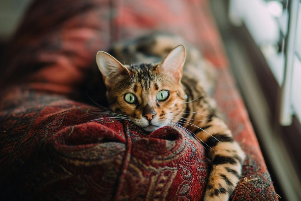 Cat lying on the back of a sofa looking directly at the camera. This is to go with an article discussing pet euthanasia.