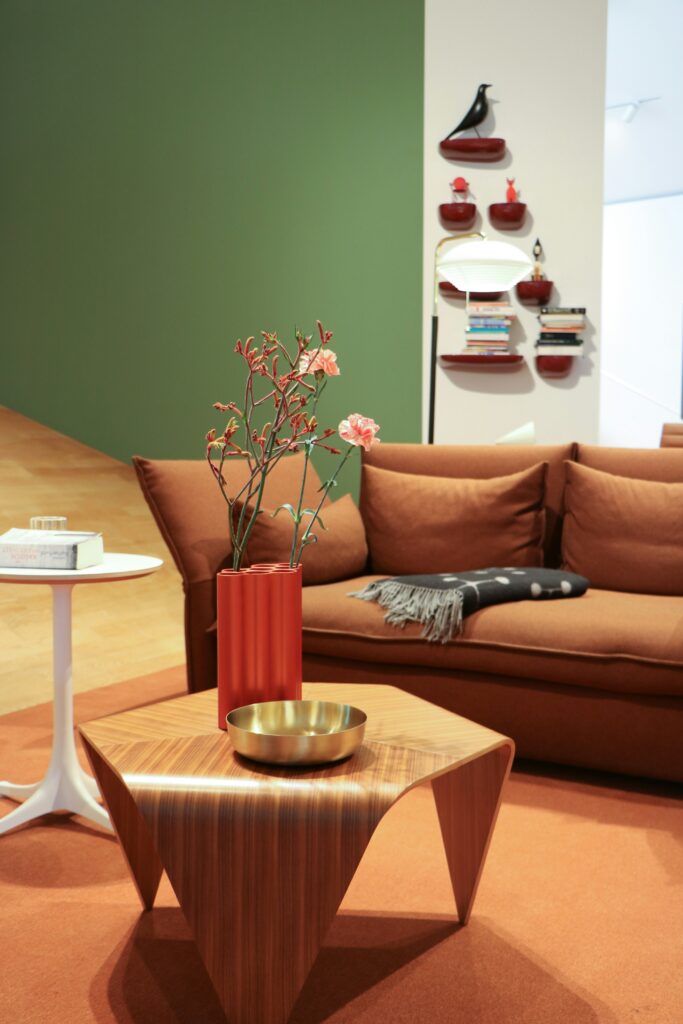 Green and tan living room decor.