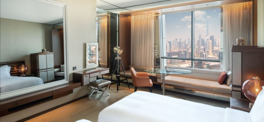 Interior of one of the styled bedrooms at Paramount Hotel in Dubai