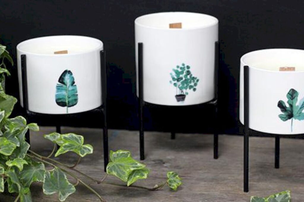 White leaf print candles.