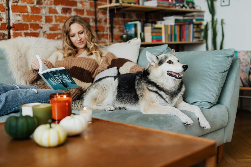 Woman enjoying a cosy night in with her siberian husky.