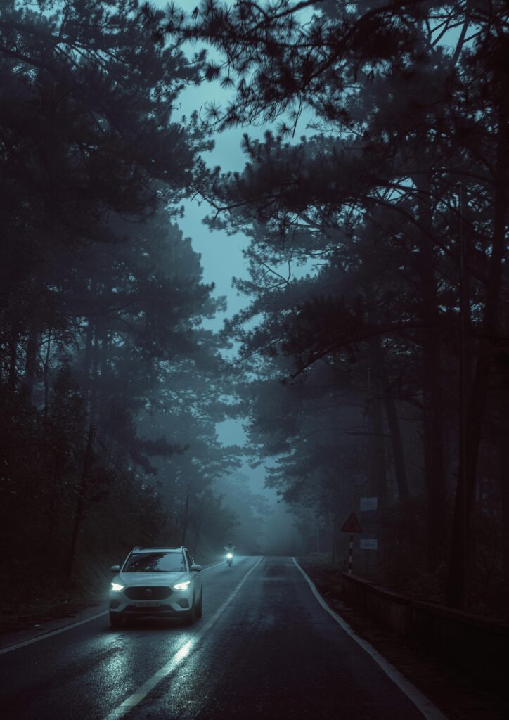Car driving through woodlands in the rain.