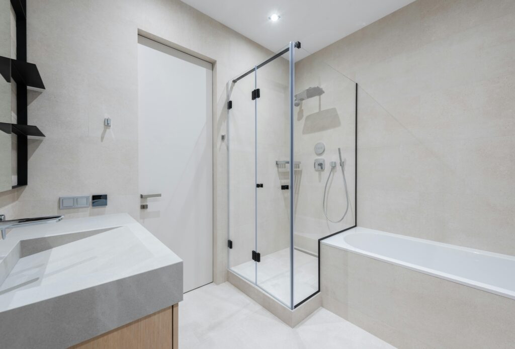 Shower space in a minimalism bathroom design.