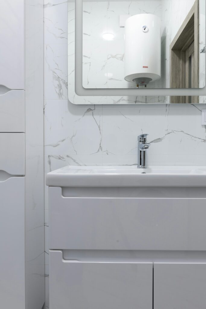 Hot water system in modern bathroom.