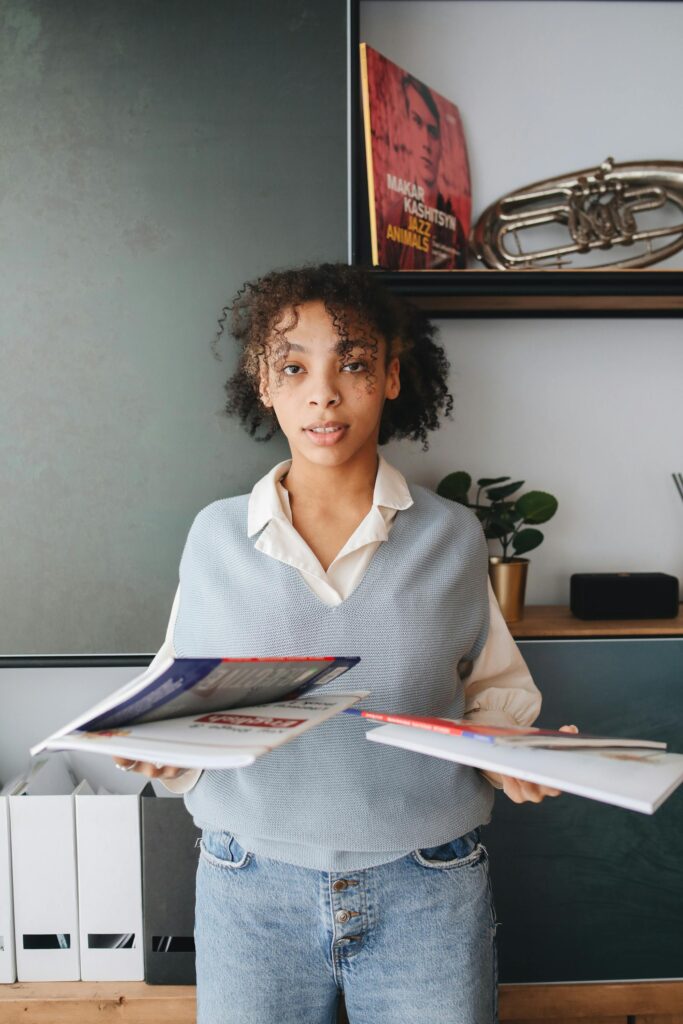 Woman wearing a typical teacher outfit.