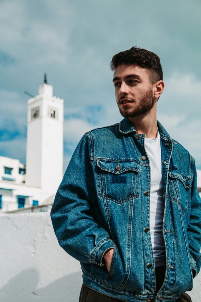 A denim shirt is one of the 25 items in your mens capsule wardrobe.