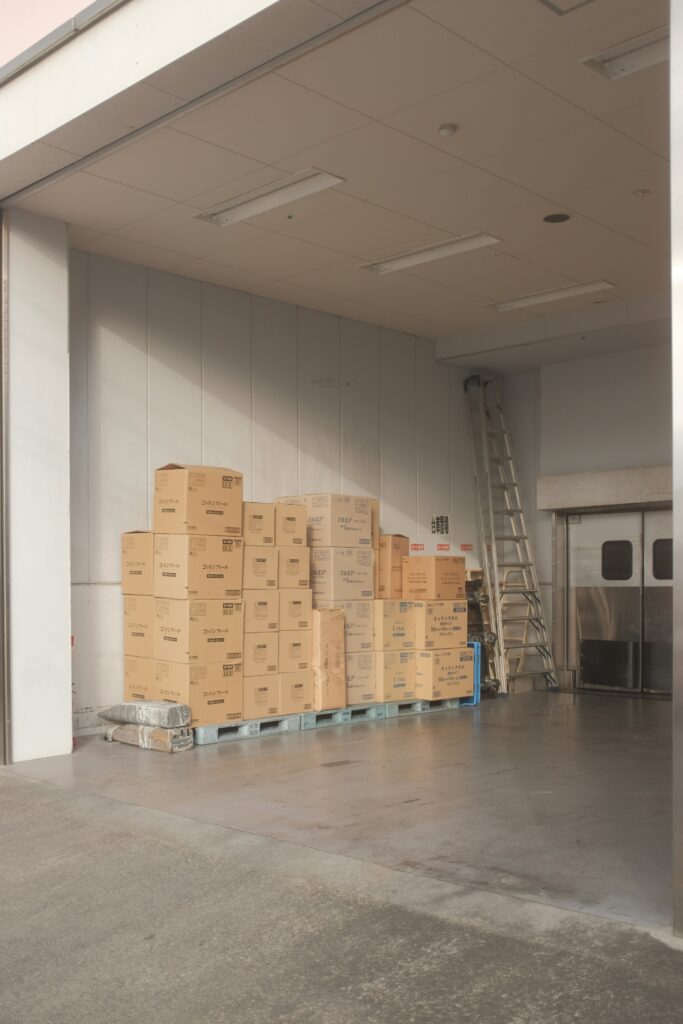 Storage unit containing boxes.