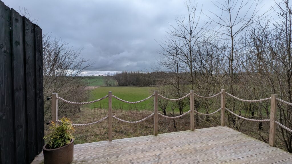 North Yorkshire countryside view from the sauna at Hewn.