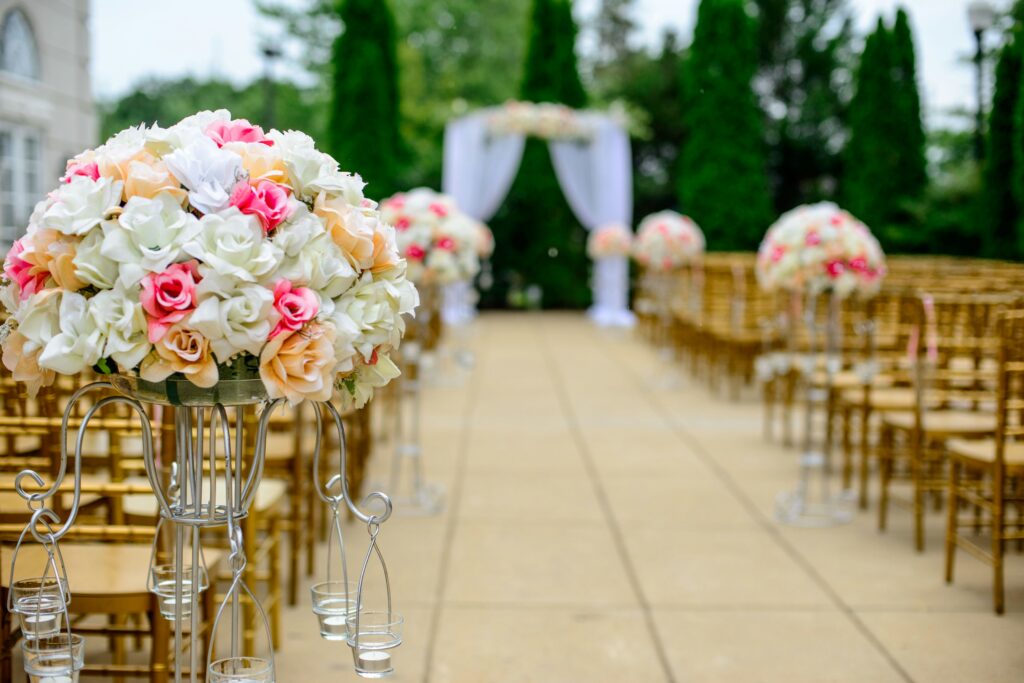 Wedding venue. Image looking down the aisle.