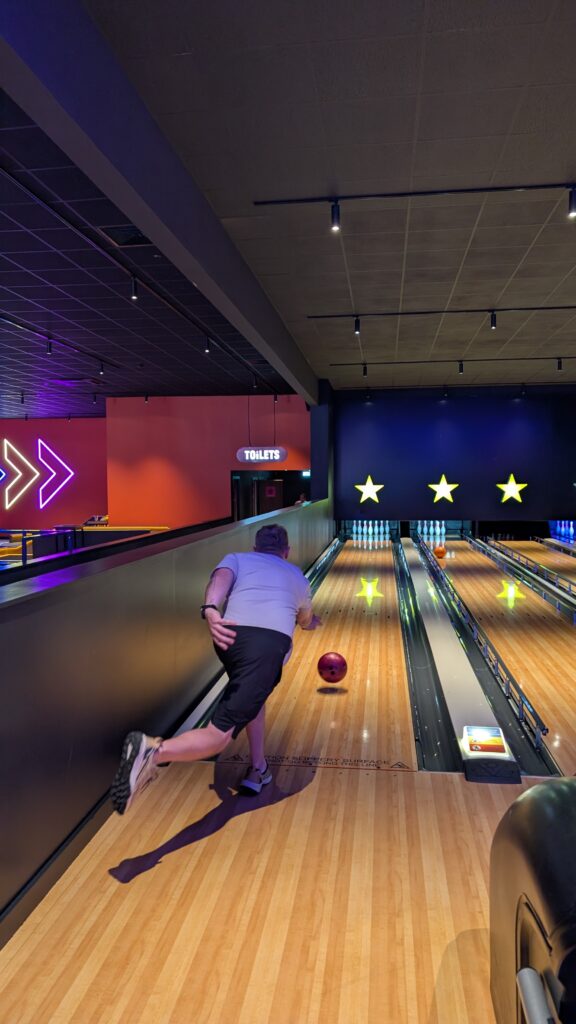 Man bowling at Hollywood Bowl.