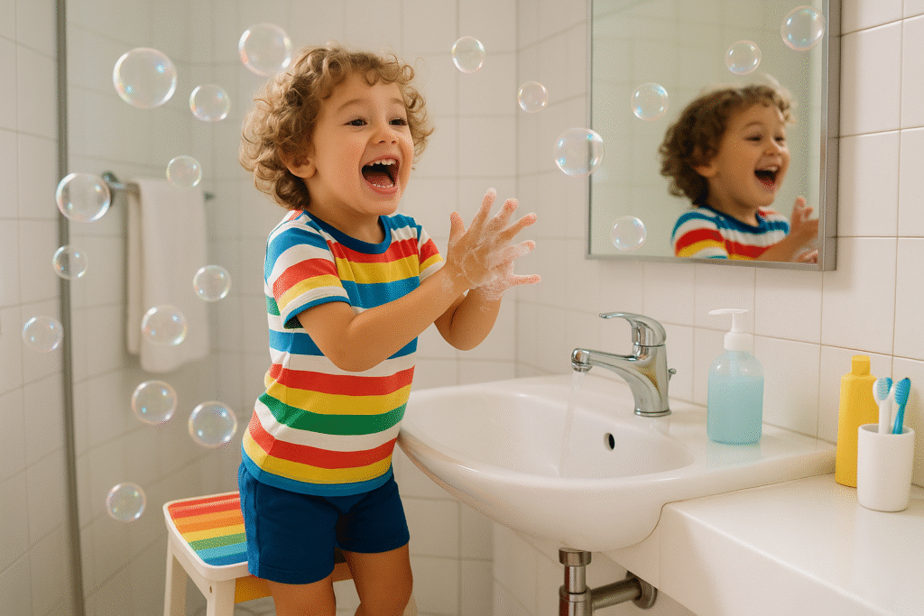 Wellness tips. Child washing his hands in the bathroom sink.