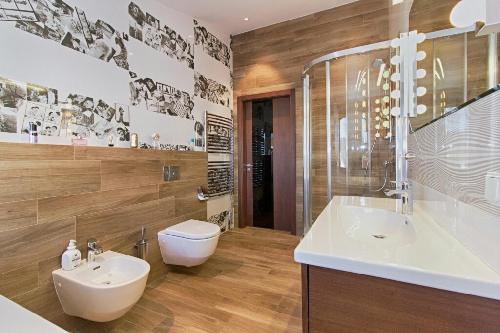 Modern bathroom design with a shower cabin.