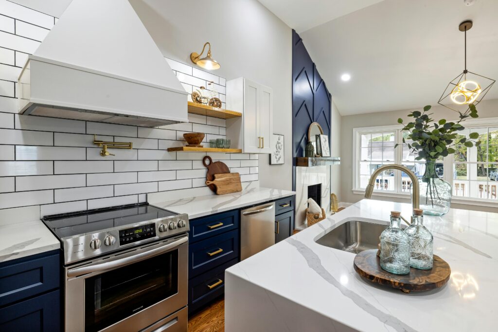 Blue and white kitchen. This is to go with an article discussing potential kitchen upgrades.