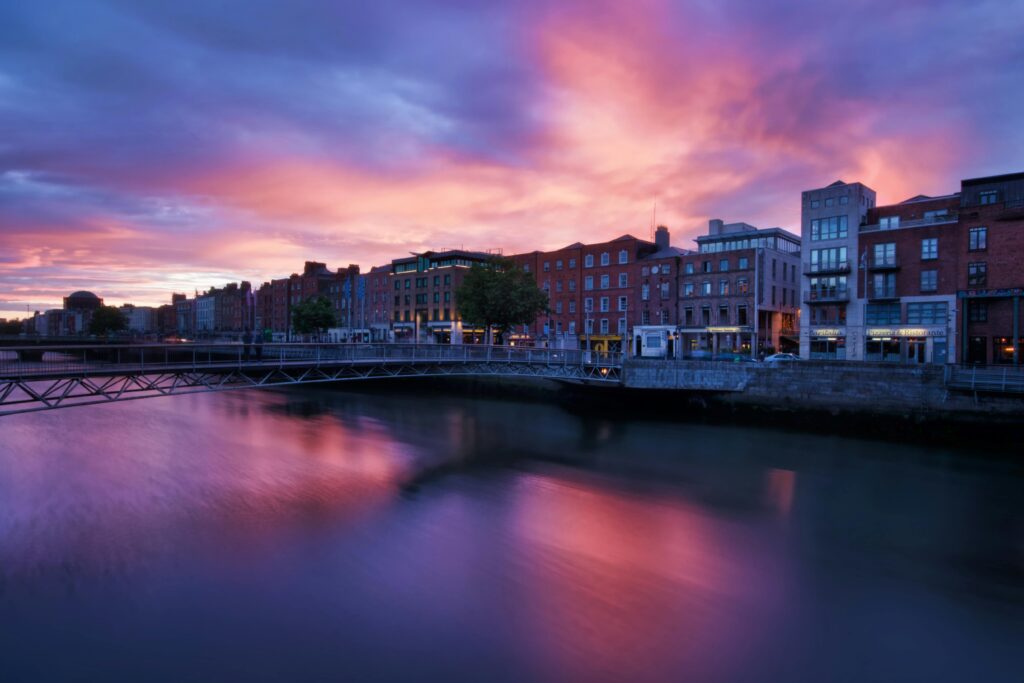 Dublin city break with red orange sky.