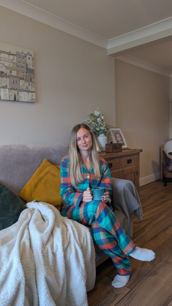 Claire Mac wearing British Boxers pyjamas in Acorn Squash print.