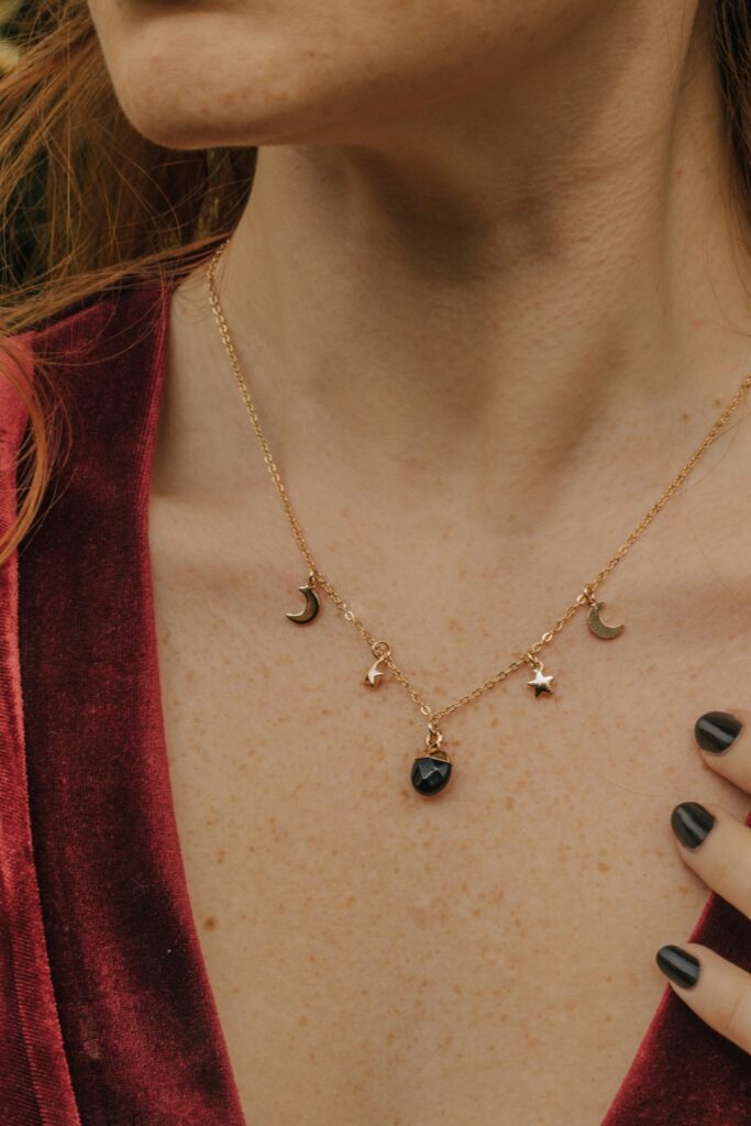 Black Obsidian Moon & Stars Charm Necklace