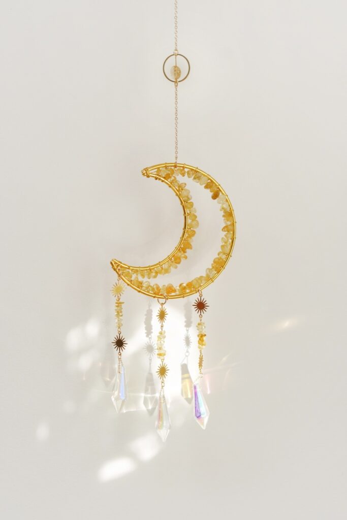 Gold-Tone Crescent Moon Citrine Crystal Window Suncatcher