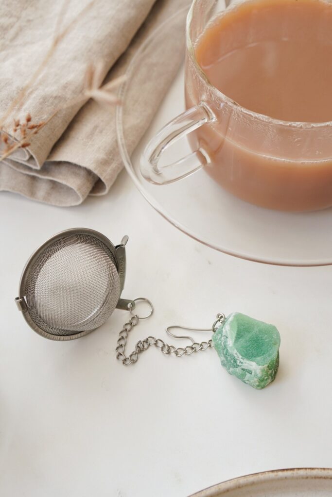 Crystal Gifts. Stainless Steel Aventurine Raw Crystal Tea Strainer.