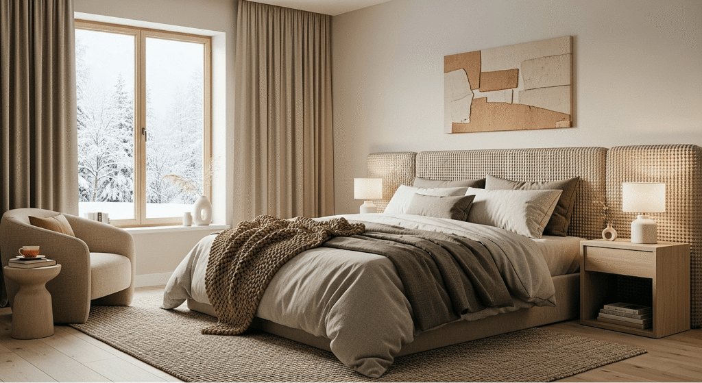Oversized super king duvet and draped throw on a king size bed.