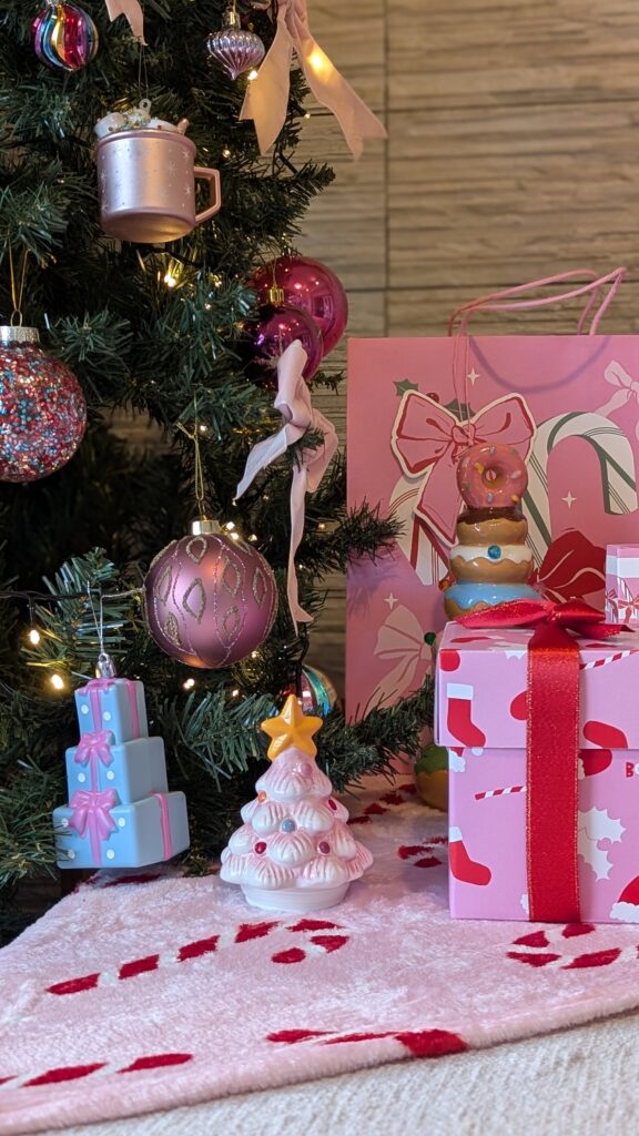 Girly, pink Christmas decorations.