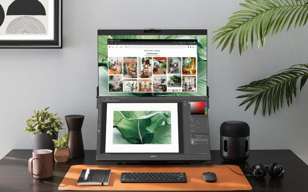 Dual monitors set up on a dark wood desk.