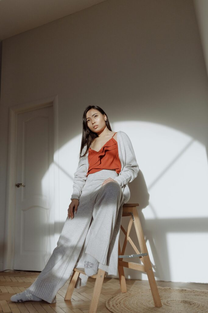 Woman wearing grey loungewear set.